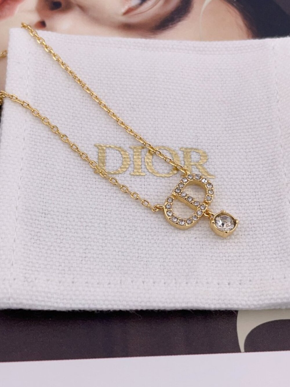 D ior Petit CD Gold Crystal CD Logo Pendant Necklace 100% Authentic - Picture 6 of 8